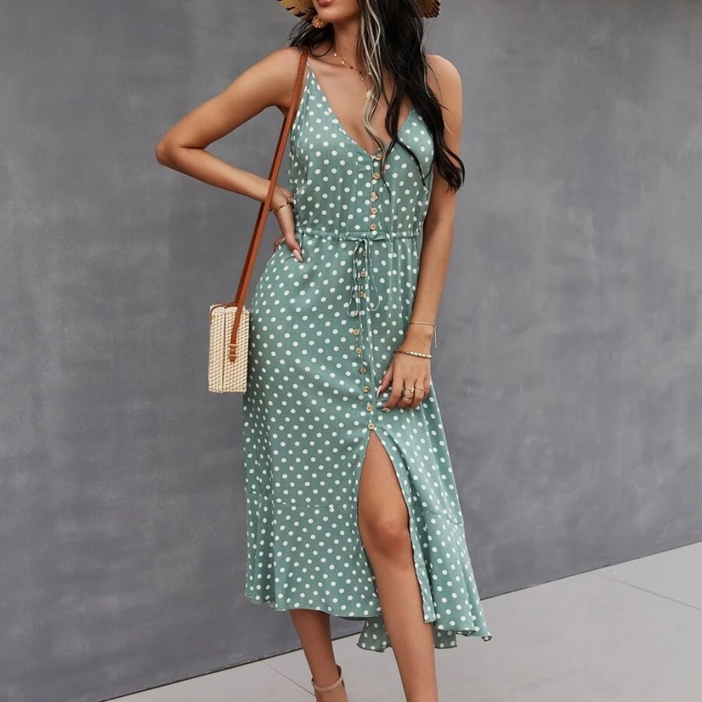 Button up v neck tie polka dot midi dress - Picture 3 of 16